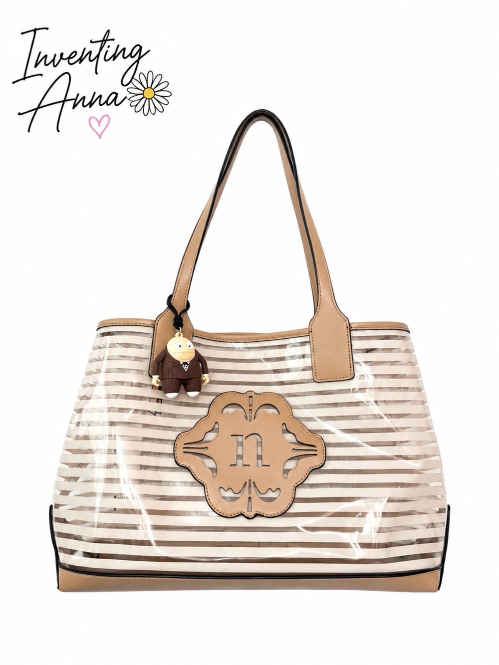 Clear Vinyl Striped Tote Bag Tan Trim Shoulder Purse Beach Travel Handbag